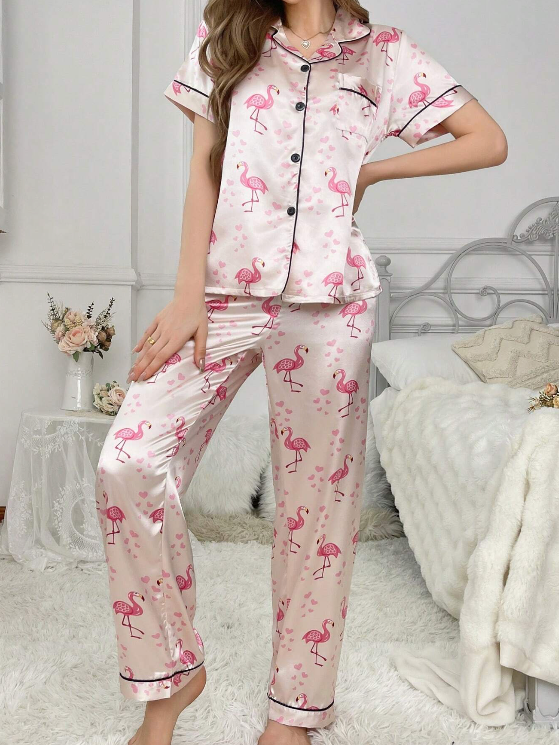 Pyjama flamingo en Satin