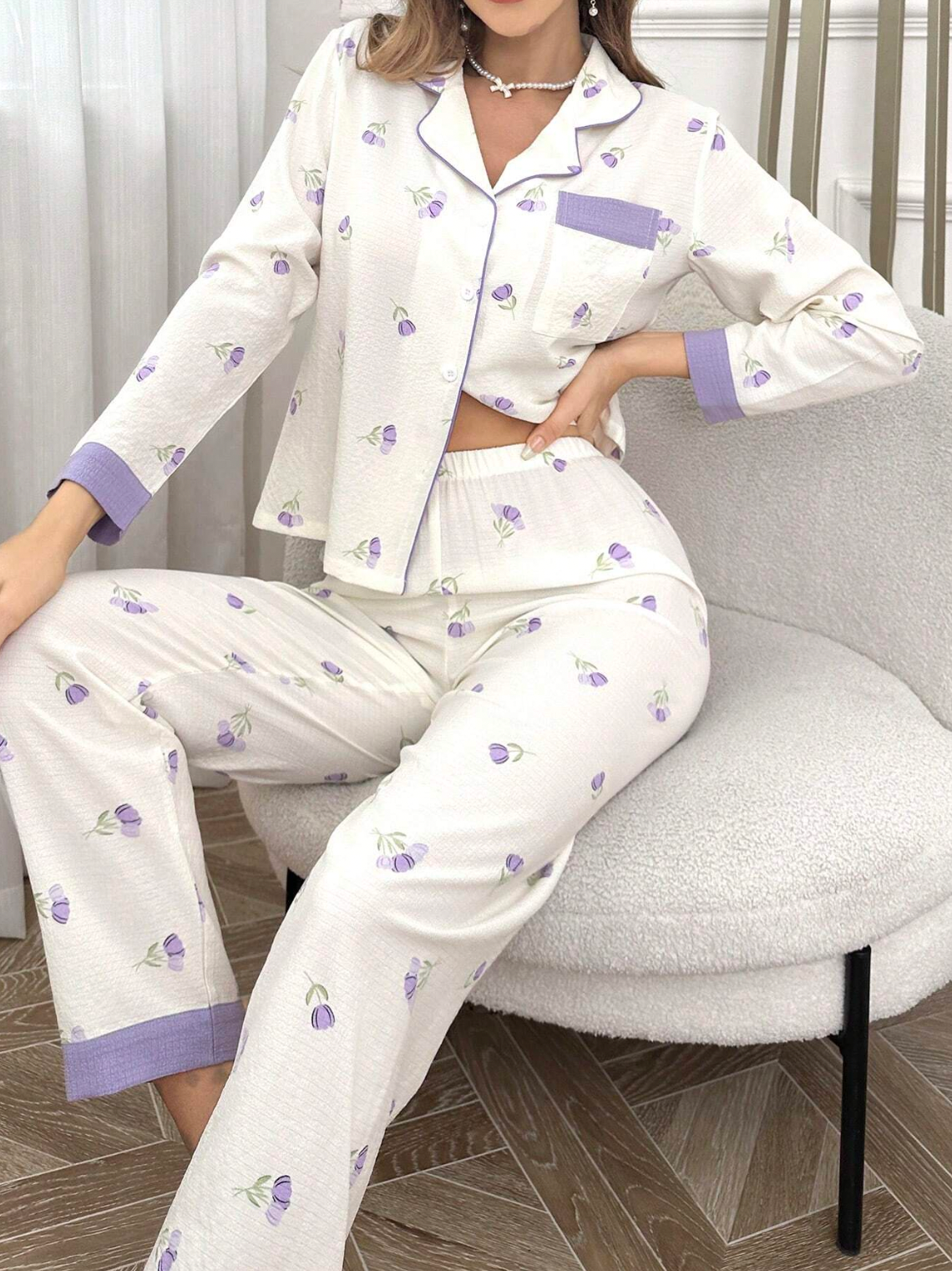 Pyjama floral mauve en lin