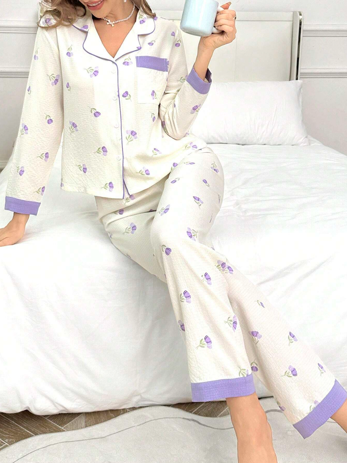 Pyjama floral mauve en lin